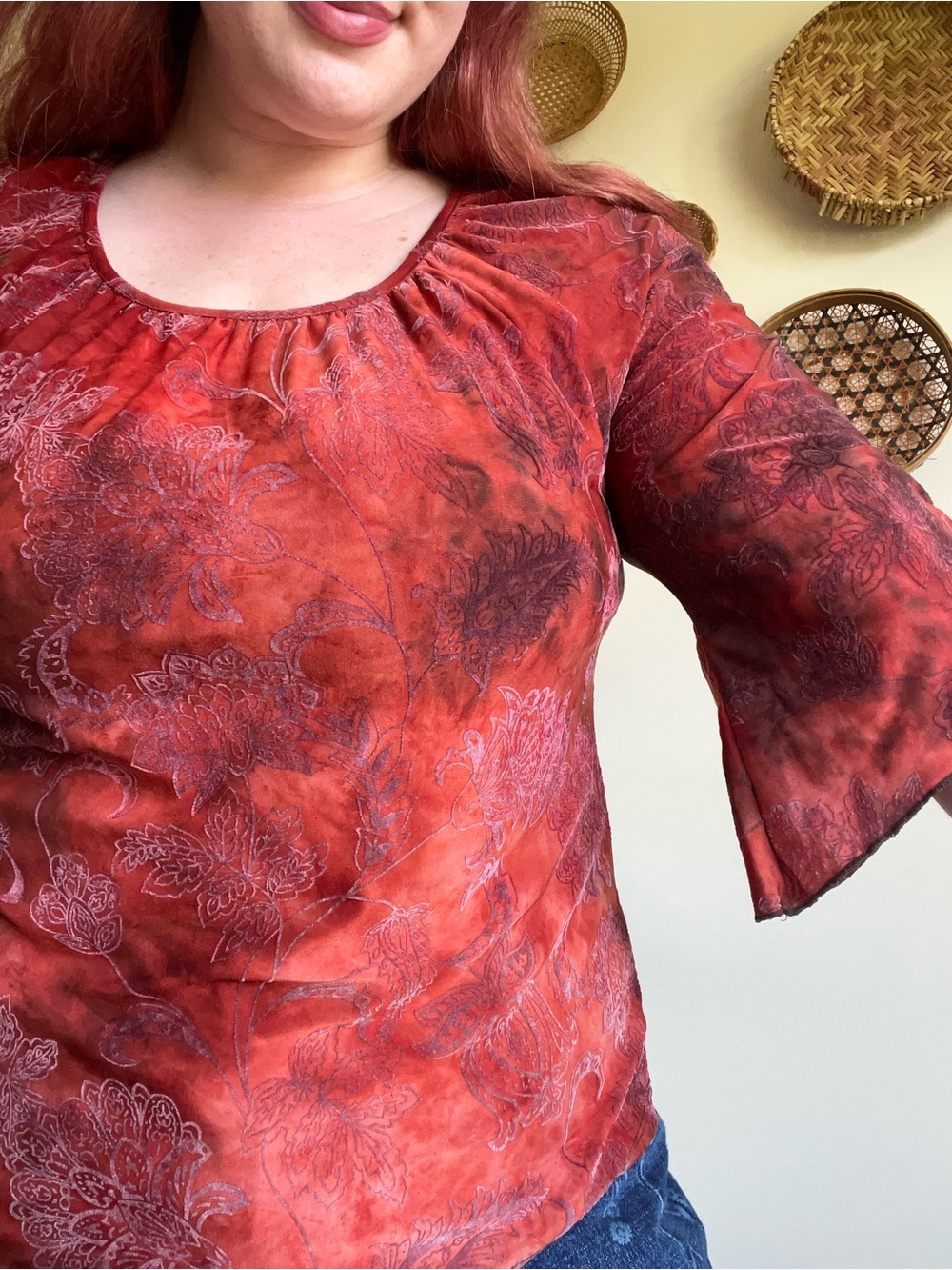 Fairy Core Red Floral Bell Sleeve Blouse